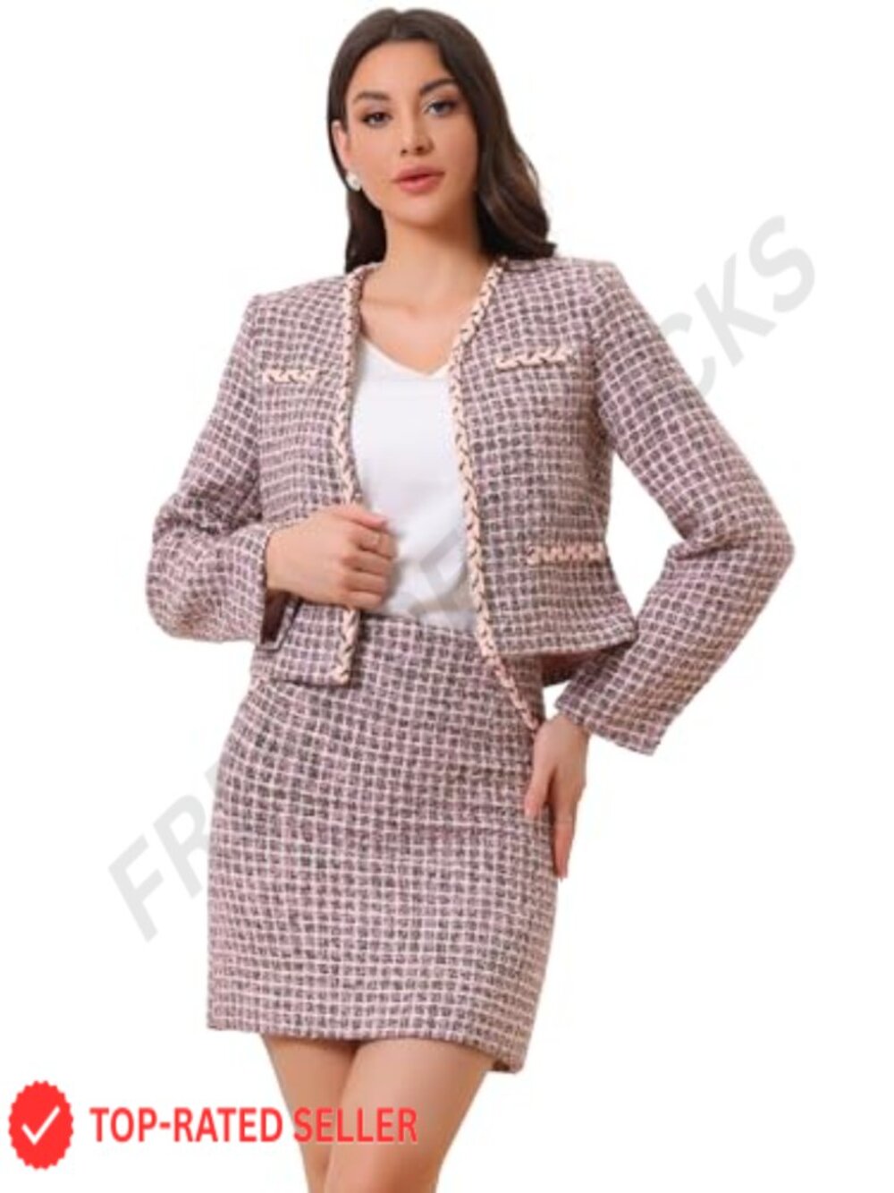 2pc Tweed Plaid Skirt Suit Set Women's Collarless Blazer Mini Skirt Business